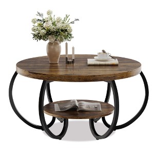 30 Inch Round Coffee Table with Shelf - 2 Tier Rustic Wood Center Table, Curved Metal Legs, Compact Design for Small Spaces, Apartments, and Office - 1 of 4