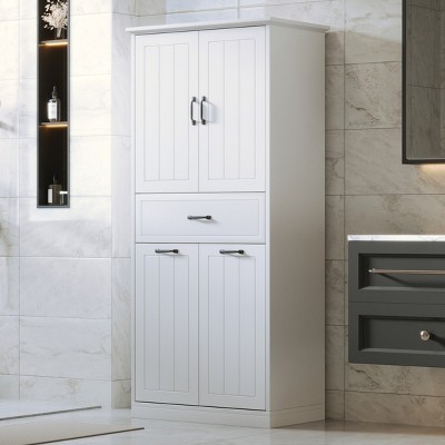 Tall Bathroom Storage Cabinet, Bathroom Cabinets Modern With 2 Laundry Baskets, Bathroom Storage Cabinets Floor Standing With Drawer-Cuddlewood