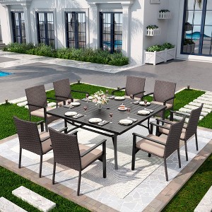Captiva Designs 9pc Spacious Slat-top Square Metal Table with Umbrella Hole & Armrest Rattan Chairs with Beige Cushions - 1 of 4