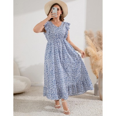 Women's Plus Size Summer Dress with Pocket Ruffle Cap Sleeveless V Neck Side Split Long Beach Maxi Dress