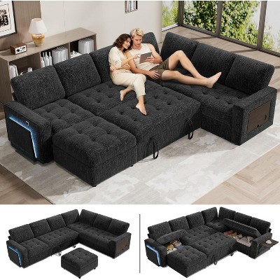 Vipbear 7-Seat Sectional Sleeper Sofa Bed with Pull Out Bed,Chenille L-Shaped Sleeper Couch with Ottoman/Adjustable Backrest/LED,Tool-Free Assembly