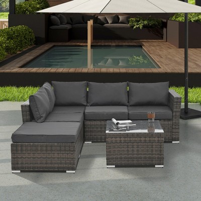 NicBex 4 Piece Outdoor PE Wicker Furniture Set with 2 Sofa,1 Ottoman and Tempered Glass Top Coffee Table for Garden,Patio
