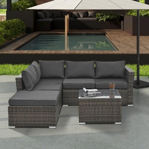 NicBex 4 Piece Outdoor PE Wicker Furniture Set with 2 Sofa,1 Ottoman and Tempered Glass Top Coffee Table for Garden,Patio - 1 of 4