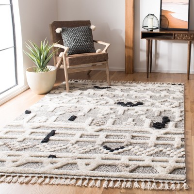 Ivory and Black Geometric Wool 9' x 12' Shag Rug