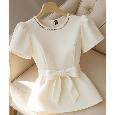 TIME HOLLOW Beaded Round Neck Short Sleeve Blouse