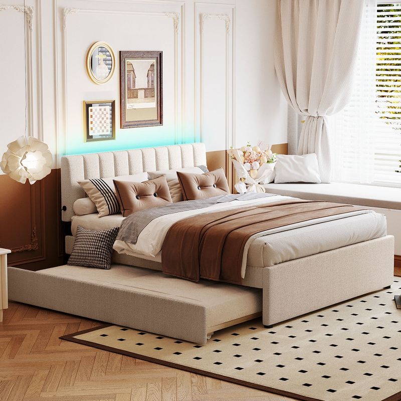 Queen/Full Size Teddy Fleece Upholstered Platform Bed with Trundle Bed and LED Lights-ModernLuxe, 1 of 14