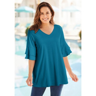 Woman Within Plus Size Ruffled Elbow-Sleeve Tunic