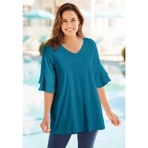 Woman Within Plus Size Ruffled Elbow-Sleeve Tunic - 1 of 4