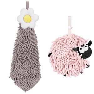 REGALWOVEN Flower and Sheep Shape Absorbent Fast Drying Chenille Hand Towels with Hanging Loop 6" x 15"/7" x 7" 2 Packs - 1 of 4