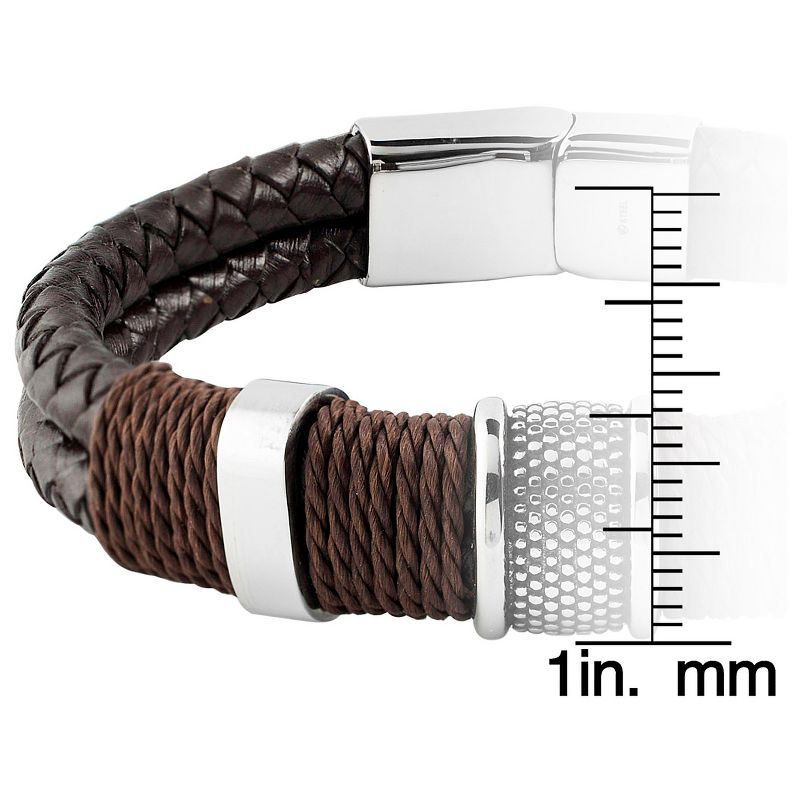 Men&#39;s Crucible Brown Twine Stainless Steel Accents Woven Braided Leather Bangle Bracelet (12mm) - Black (8.5&#34;), 3 of 4