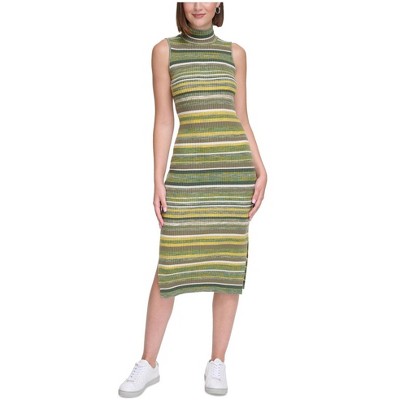 Calvin Klein Womens Spacedye Stripe Mock Neck Bodycon Dress