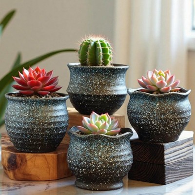 ORRD 5-Piece Succulent Ceramic Planter Set - Vintage Breathable Coarse Pottery Thumb Pots, Small Minimalist Indoor Ornaments