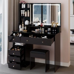 41" Large Size Left Drawer Desktop Vanity Table+Cushioned Stool, Extra Large Touch Control LED Mirror, 3-color Switch - 1 of 4