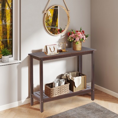 Lyngins Narrow Entryway Table with 1 Open Storage Shelf,Stylish Minimalist Console Table for Living Room,Brown