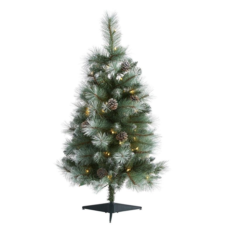Nearly Natural 3’ Frosted Tip British Columbia Mountain Pine Prelit LED Artificial Christmas Tree with Pine Cones, 1 of 2