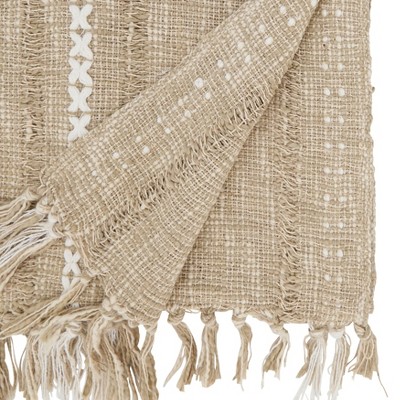 Beige Cotton Striped Table Runner with Decorative Fringe