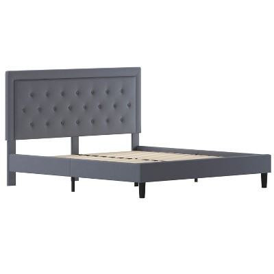 Modern King-Sized Light Gray Tufted Upholstered Platform Bed with Wooden Slats