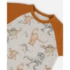 Deux par Deux Boy Organic Cotton Two-Piece Short Sleeve Top and Pant Pajama Set Dinosaur on Mottled and Tan Background - 2 of 3