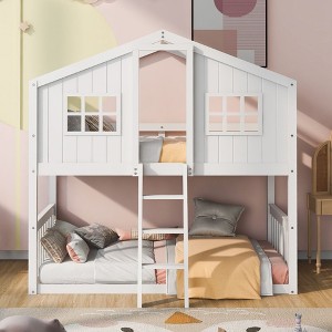 NicBex Twin over Twin Bunk Bed Roof Shape Loft Bed Pine Bed Frame with 2 Windows, Inclined Ladder and Guardrail, No Box Spring Required - 1 of 4