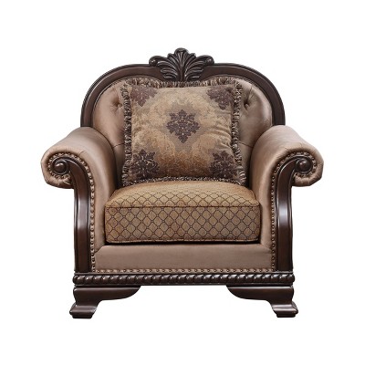 Beige Floral Upholstered Barrel Accent Chair with Wood Frame
