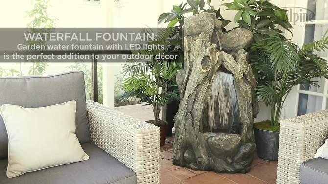 52&#34; Resin Waterfall Tree Trunk Fountain with LED Lights Taupe - Alpine Corporation, 2 of 8, play video