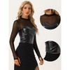 INSPIRE CHIC Women's Faux Leather Mesh Long Sleeve Stand Collar Blouses - 2 of 4