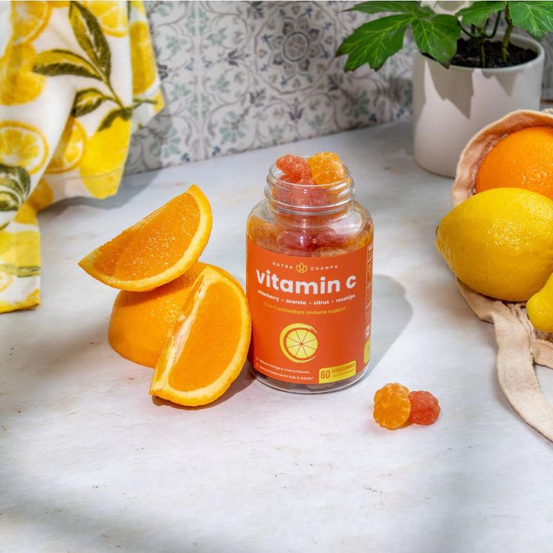 NutraChamps Vitamin C Gummies 5-in-1 Antioxidant Immune Support with Elderberry, Cherry, Citrus & Rosehips- 60 Vegan Chewables, Orange & Cherry Flavor, 2 of 5
