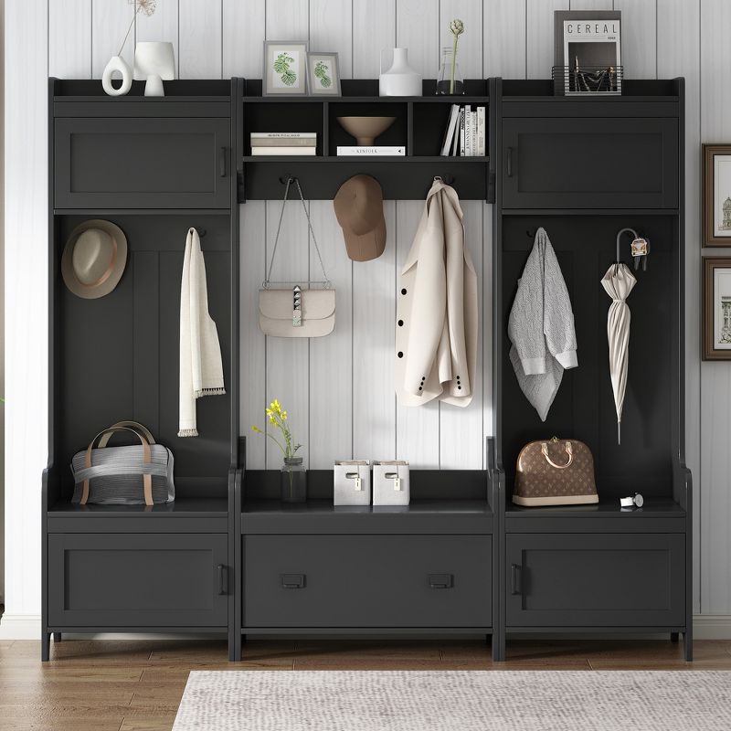 Modern Style 4-in-1 Multifunctional Hallway Coat Rack with 7 Metal Black Hooks and Storage Drawers - ModernLuxe, 2 of 13