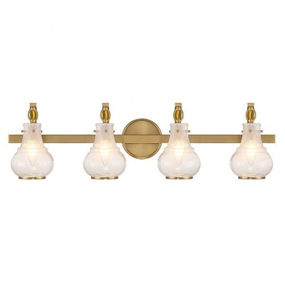 Warm Brass 4-Light Vanity with White Strie Glass Shades