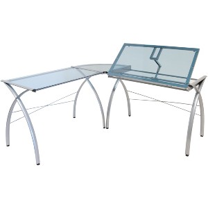 studio designs Futura L-Shaped Desk with Adjustable Top - Silver/Blue Glass: Powder-Coated Steel Frame, 45° Tilt - 1 of 4