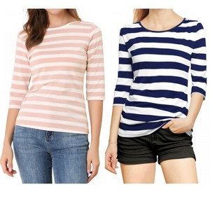 Allegra K Women's Elbow Sleeves Round Neck Slim Fit T-Shirt 2 Packs - 1 of 4