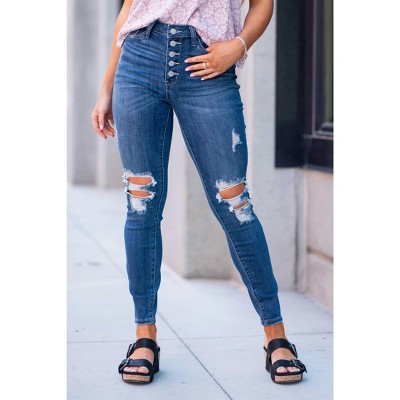 Women's High Waist Button Fly Distressed Skinny Jeans - Judy Blue