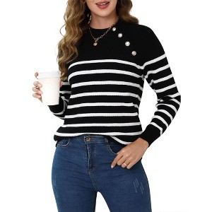 Whizmax Striped Long Sleeve Crew Neck Ribbed Knit Side Slit Oversized Pullover Sweater Jumper Top - 1 of 4