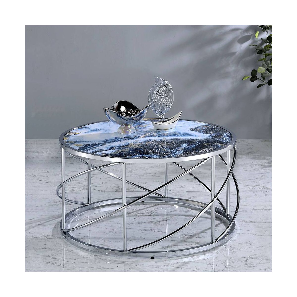 Acme Furniture Lyda Coffee Table Blue Marble Print/Chrome Finish - thumbnail 7