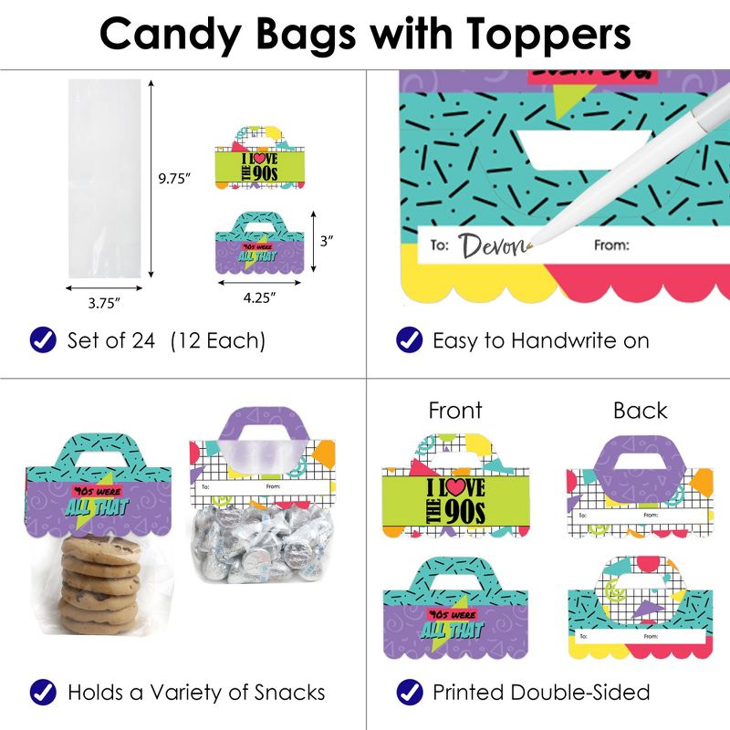 Big Dot of Happiness 90's Throwback DIY 1990s Party Clear Goodie Favor Bag Labels Candy Bags with Toppers Set of 24, 3 of 9