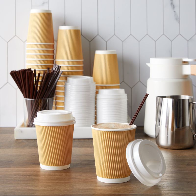 Juvale 50 Pack Disposable Small Coffee Cups 8 oz, Kraft Paper Insulated, Ripple, Coffee Cups To Go with Lids and Stirring Straws (150 Total Pcs), 2 of 10