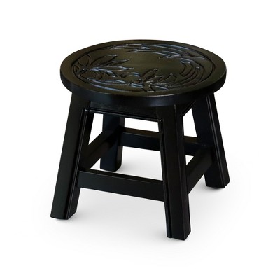 FURNIinspire Ottomans And Benches Carved Wooden Step Stool Fun Designs Premium Rubberwood Versatile Use, Floral Style, Black, 11.00"*11.00"*10.00"