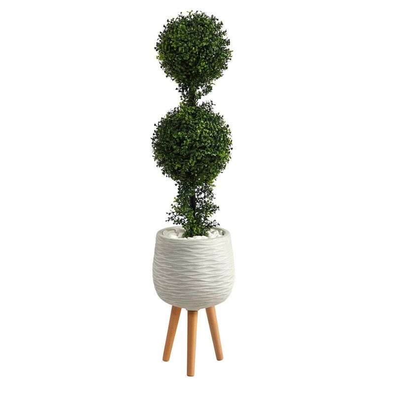 Nearly Natural 4-ft Boxwood Double Ball Topiary Artificial Tree in White Planter with Stand (Indoor/Outdoor), 1 of 5