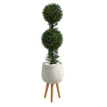 Nearly Natural 4-ft Boxwood Double Ball Topiary Artificial Tree in White Planter with Stand (Indoor/Outdoor)