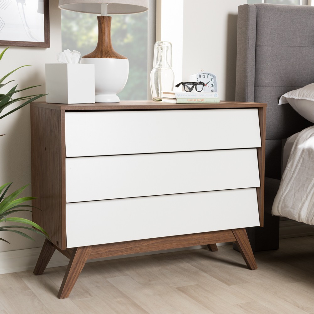 Photos - Dresser / Chests of Drawers Hildon Mid-Century Modern Wood 3 Drawer Storage Chest Brown - Baxton Studio: Walnut Finish, Retro Design