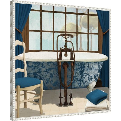 Blue and White Framed Canvas Wall Art with Bathtub Scene