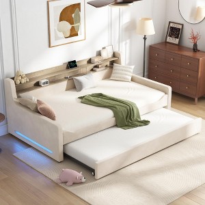 AMERLIFE Twin Daybed with Trundle, Upholstered Bed with Storage Headboard, LED & Charging Station, Velvet Corner Frame for Bedroom/Guest Room - 1 of 4