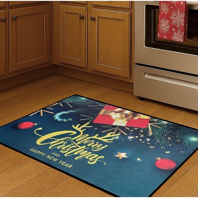 Home Mart Goods Merry Christmas & Happy New Year Teal Non-Slip Washable Low Pile Kitchen Mat Entrance Door Mat Entrance Door Mat - 31" x 19"