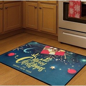 Home Mart Goods Merry Christmas & Happy New Year Teal Non-Slip Washable Low Pile Kitchen Mat Entrance Door Mat Entrance Door Mat - 31" x 19" - 1 of 4