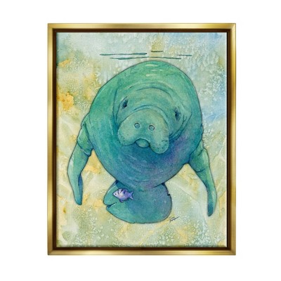 Stupell Industries Green Manatee Underwater Framed Floater Canvas Wall Art