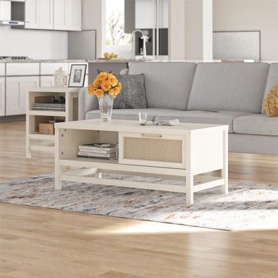 Boho-Chic Ivory Oak Rectangular Coffee Table with Faux Rattan Storage