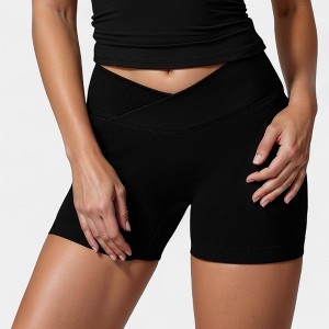 Anna-Kaci Active Women's High Waist Seamless Ribbed Biker Shorts with Crossover Waistband and Compression Fit - 1 of 4