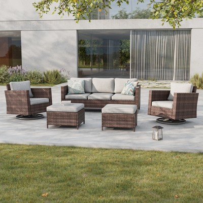 Sonkuki 5-Piece Patio Conversation Set with Swivel Rocking Chair, Navy Blue Cushion