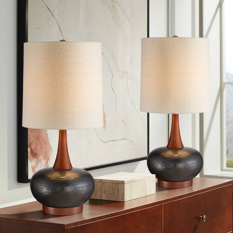 360 Lighting Andi Modern Mid Century Table Lamps 24 1/2" High Set of 2 Hammered Brown Ceramic Red Oak Off White Shade for Bedroom Living Room Desk, 2 of 7