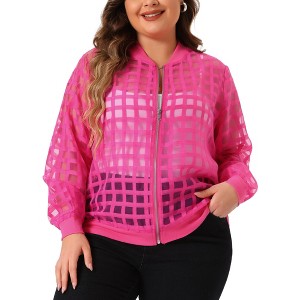 Agnes Orinda Women's Plus Size Hollow Out Long Sleeve Baseball Collar Zip Up Bomber Jackets - 1 of 4